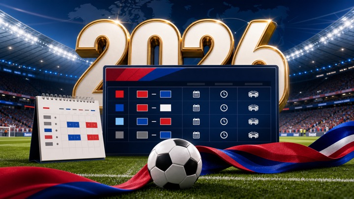 2026 월드컵 경기일정과 한국 조별리그 일정을 상징하는 축구장, 축구공, 일정표, 달력, 붉은색과 파란색 리본 이미지