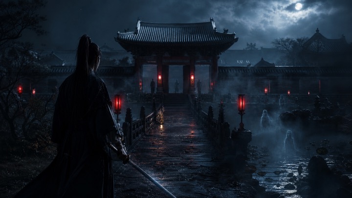 동궁 기본정보와 등장인물 관계도를 설명하기 위해 어두운 조선 궁궐과 귀문, 검을 든 인물을 표현한 대표 이미지