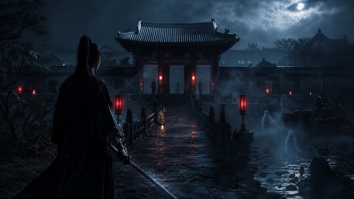 동궁 기본정보와 등장인물 관계도를 설명하기 위해 어두운 조선 궁궐과 귀문, 검을 든 인물을 표현한 대표 이미지