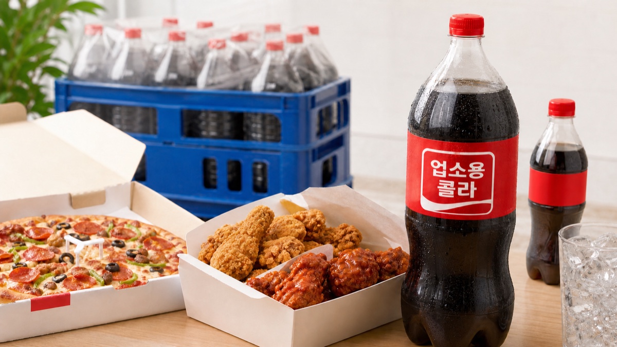 치킨과 피자 옆에 놓인 식당용 콜라와 대량 음료 상자를 표현한 대표 이미지