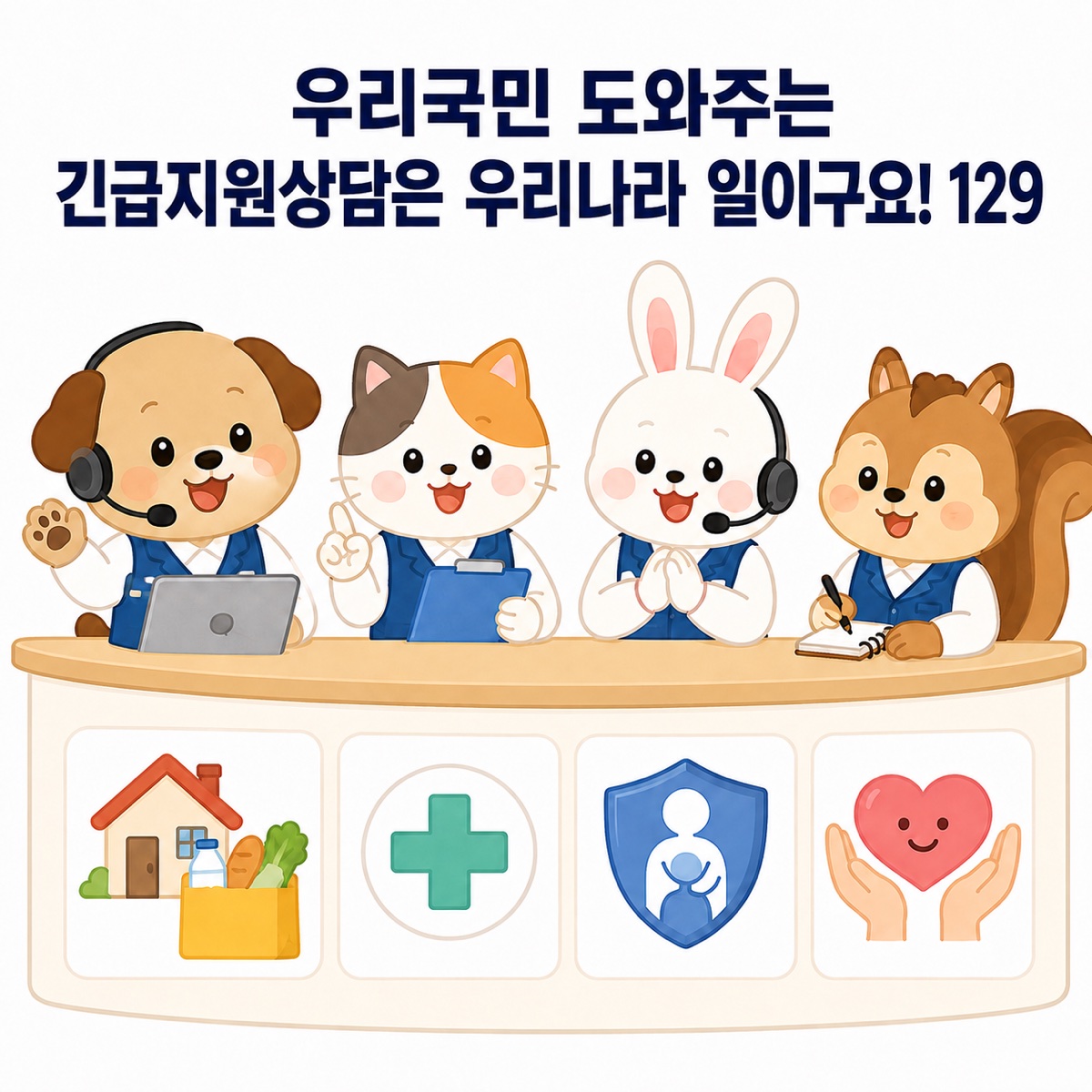 강아지, 고양이, 토끼, 다람쥐 상담원이 생계, 의료, 보호, 마음건강 지원을 안내하며 우리나라 일이구요 129라고 알리는 일러스트